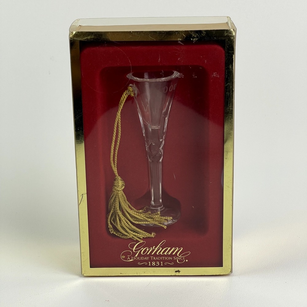 Gorham Crystal Year 2000 Mini Champagne Glass Ornament Tall Boxed 3.25"